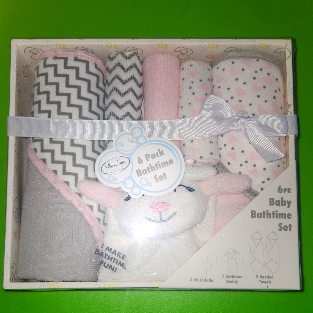 6 Pack Baby Bathtime Set with Pink and Gray Towels